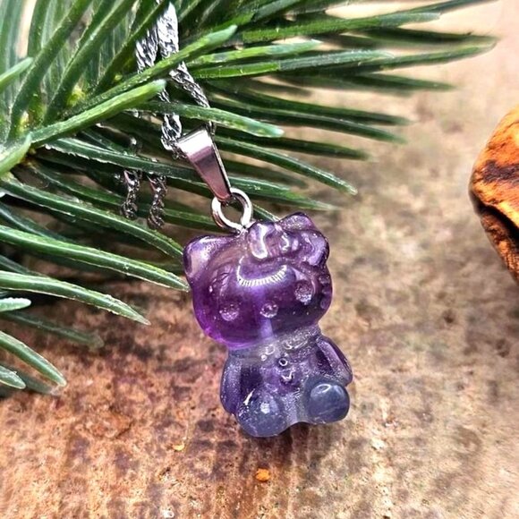 Beautiful Nature Fluorite Carved Kitty Wire Heart Pendant Necklace - Picture 8 of 10